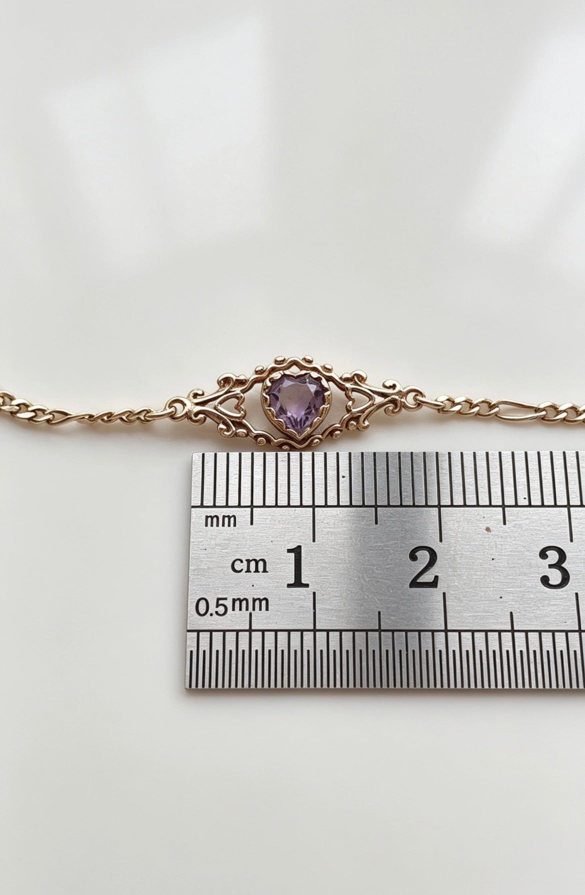 9ct Gold Amethyst Heart Figaro Style Bracelet