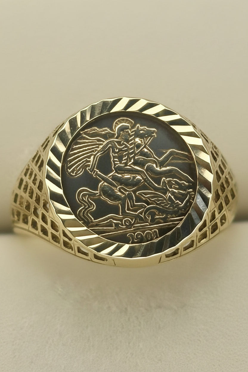 9ct Solid Gold St. George Coin Signet Ring
