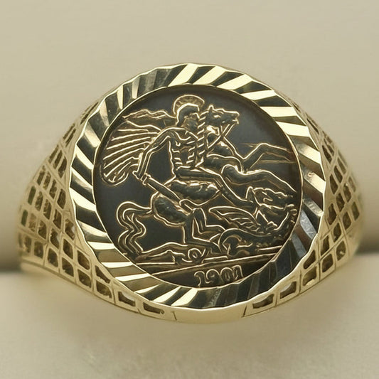 9ct Solid Gold St. George Coin Signet Ring