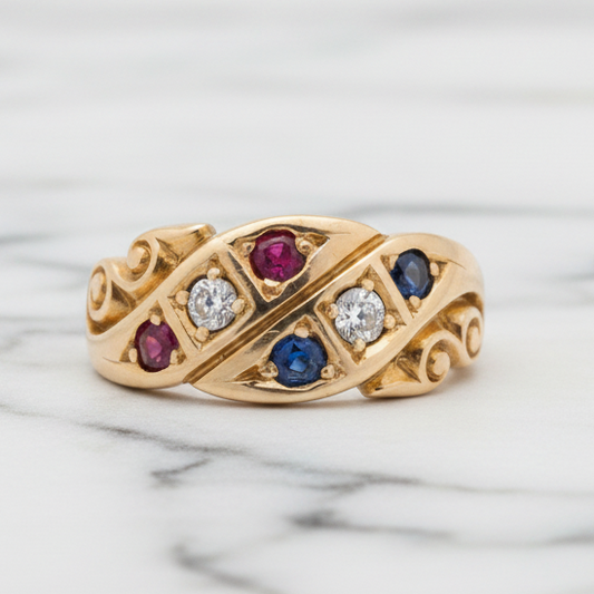 18ct Edwardian Ruby,Sapphire & Diamond Gypsy Ring