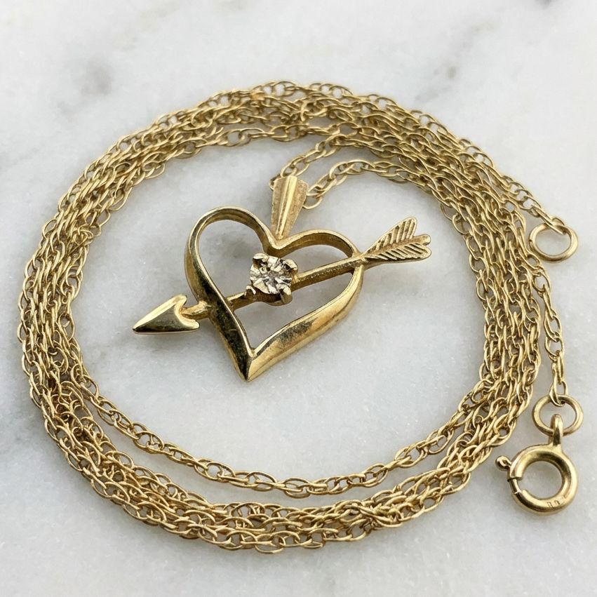 Vintage 9ct Gold Diamond Heart Pendant Necklace