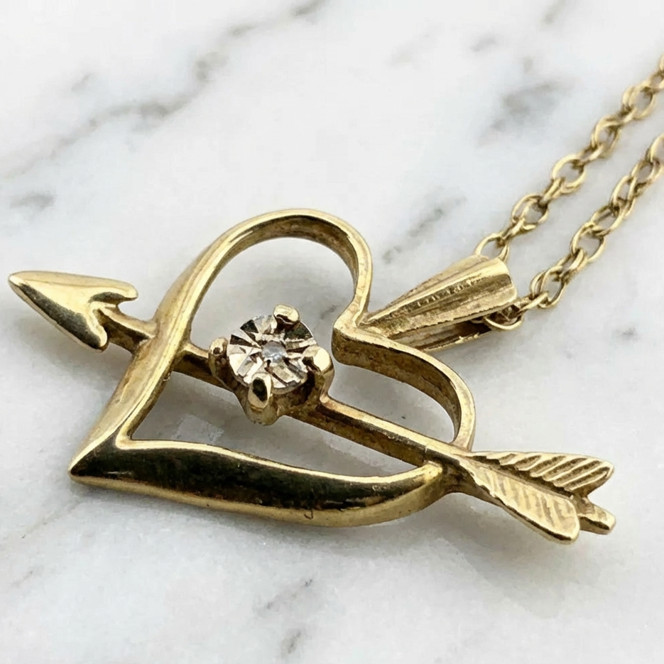 Vintage 9ct Gold Diamond Heart Pendant Necklace