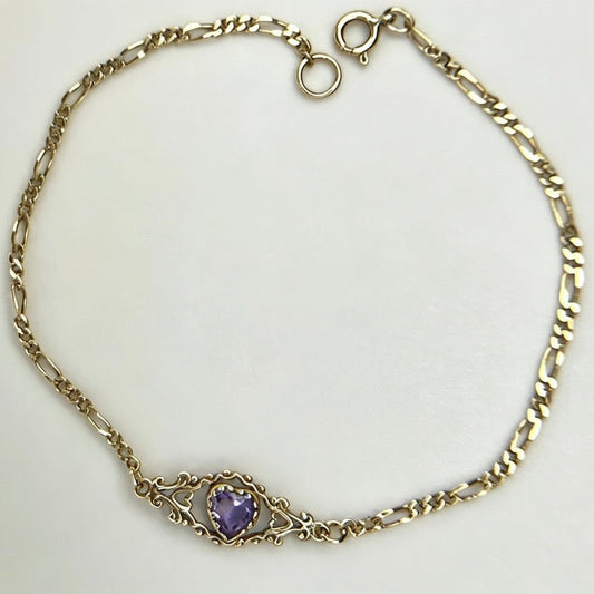 9ct Gold Amethyst Heart Figaro Style Bracelet
