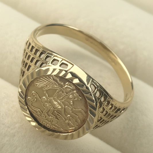 9ct Solid Gold St. George Coin Signet Ring