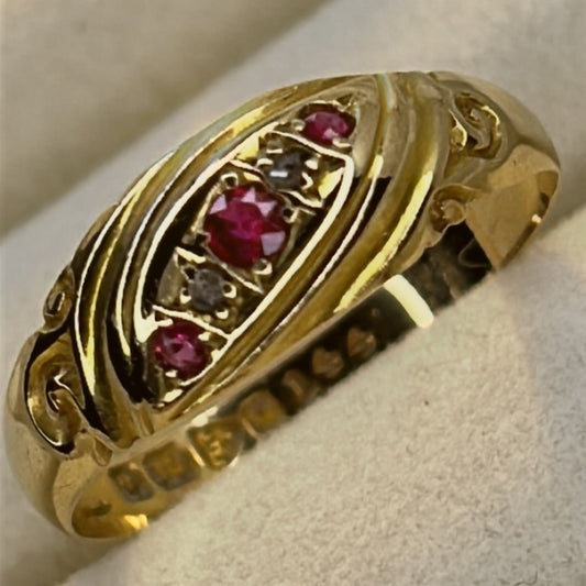 18ct Gold Ruby & Diamond Five Stone Ring - Chester Hallmark
