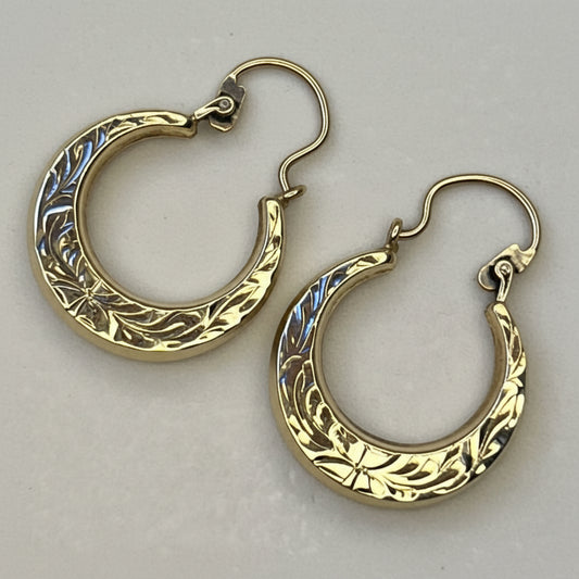 1975 Vintage Engraved 9ct Gold Creole Hoop Earrings