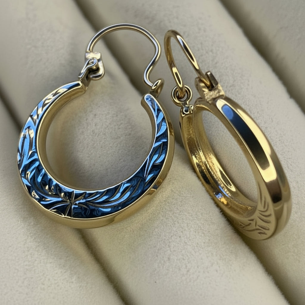 1975 Vintage Engraved 9ct Gold Creole Hoop Earrings